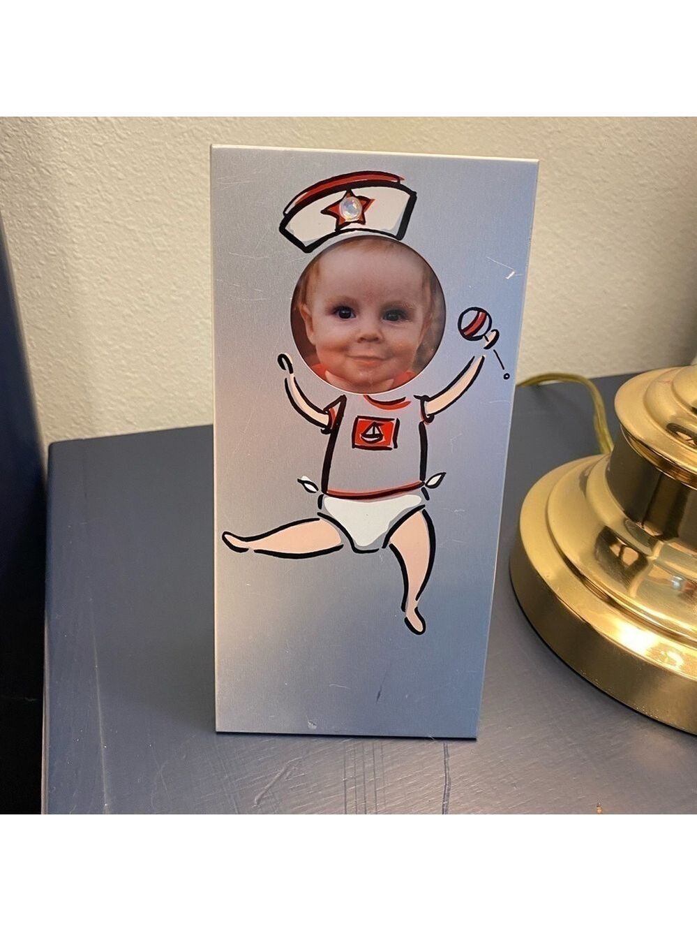 Funny Baby Photo Face Template Frame. Good pre owned condition. Metal.